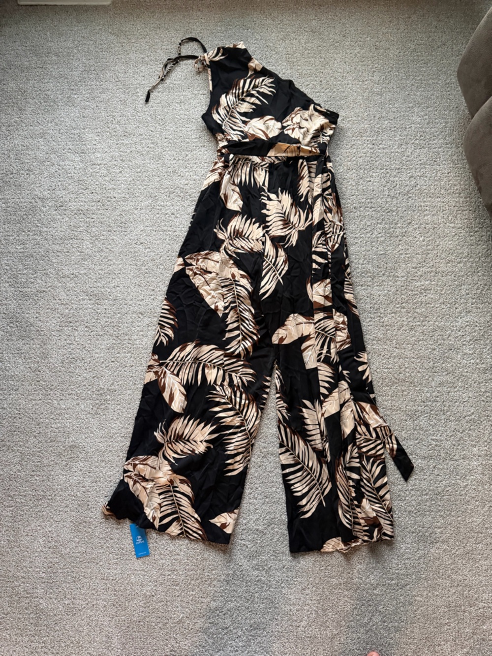 Cupshe Black Jumpsuit with Beige Palm Print - Wide Leg Halter